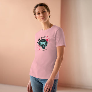 Play Hard Women's Premium Tee Shirt in Pink. The design features a cool dog with sunglasses and lightening bolts around it. The phrase "Live Fast, Play Hard" is around the design.