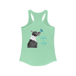 Lincoln Butterfly Women's Ideal Racerback Tank in Mint. Shown is back of shirt design showcasing profile of a dog with a blue butterfly on its nose and the phrase "Kindness is Strength" next to it. The front of shirt has Benefit Beagle Logo kissed by a Butterfly.