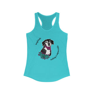 Signature Tattoo Roses Women's Ideal Racerback Tank in Tahiti Blue. Shown is front of shirt with the Signature Tattoo Roses design featuring a dog with flowers around it and the phrase "Beagletude" and "Nothing is Impawssible". Back of shirt features the Benefit Beagle Logo.