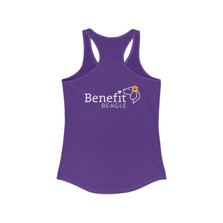 You are my Sunshine Women's Racerback Tank in Purple Rush. Shown is back of shirt featuring the Sunflower Benefit Beagle Logo. The front showcases a sunflower which is split down the middle and half is made out of paw prints. Underneath is the phrase "You are my Sunshine".