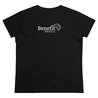 Easily Distracted Women's Midweight Cotton Tee in Black. Shown is back design with the classic Benefit Beagle Logo. The front design features a dog waving with the saying "Easily Distracted by Dogs" below it.