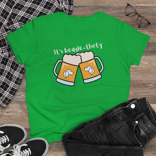 Beagle-Thirty Mugs Women's Midweight Cotton Tee in Irish Green. The front of shirt showcases Two Dog Adorned Mugs clinking with the saying, "It's Beagle-Thirty" above it. Back of shirt features corresponding Benefit Beagle Logo.