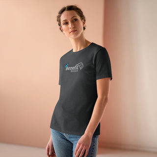 Lincoln Butterfly Women's Premium Tee in Asphalt. Shown is the front of shirt with Benefit Beagle Logo kissed by butterfly. The back of shirt showcases profile of a dog with a blue butterfly on its nose and the phrase "Kindness is Strength" next to it.