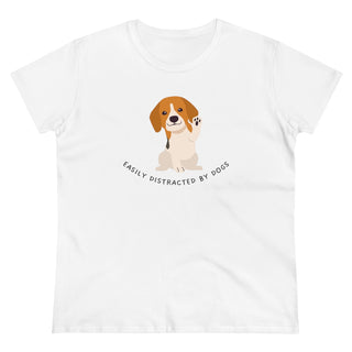 Easily Distracted Women's Midweight Cotton Tee in Team White. Shown is front design featuring a dog waving with the saying "Easily Distracted by Dogs" below it. The back of shirt has the classic Benefit Beagle Logo.