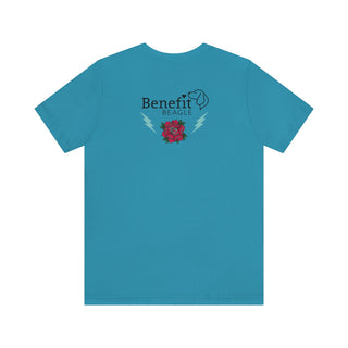 Stay Wild Premium Unisex Tee in Aqua. Shown is the back of shirt with Benefit Beagle Logo complete with Tattoo Rose. On front of shirt is Stay Wild Design featuring a tattoo style rose with the phrase "Stay Wild, Play Hard" around it.