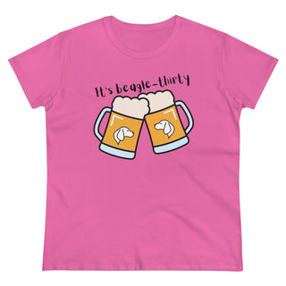 Beagle-Thirty Mugs Women's Midweight Cotton Tee in Azalea. The front of shirt showcases Two Dog Adorned Mugs clinking with the saying, "It's Beagle-Thirty" above it. Back of shirt features corresponding Benefit Beagle Logo.