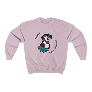 Signature Tattoo Roses Crewneck Sweatshirt in Light Pink. Shown is front of shirt with the Signature Tattoo Roses design featuring a dog with roses around it and the phrase "Beagletude" and "Nothing is Impawssible". Back of shirt features the Benefit Beagle Logo.