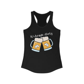 Beagle-Thirty Mugs Women's Racerback Tank in Black. The front of shirt showcases Two Dog Adorned Mugs clinking with the saying, "It's Beagle-Thirty" above it. Back of shirt features corresponding Benefit Beagle Logo.