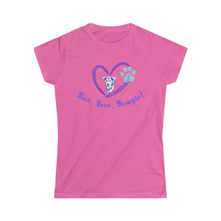 Live, Love, Beagle Women's Softstyle Tee in Azalea. The Live, Love, Beagle design features a dog running through a heart with the phrase "Live, Love, Beagle!" under it.