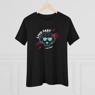 Play Hard Women's Premium Tee Shirt in Black. The design features a cool dog with sunglasses and lightening bolts around it. The phrase "Live Fast, Play Hard" is around the design.