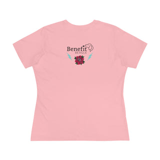 Stay Wild Women's Premium Tee in Pink. Shown is the back of shirt with Benefit Beagle Logo complete with Tattoo Rose. On front of shirt is Stay Wild Design featuring a tattoo style rose with the phrase "Stay Wild, Play Hard" around it.