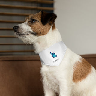 Dog wearing the Lincoln Butterfly Dog Collar Bandana in White. The Lincoln Butterfly design features the Benefit Beagle logo with a blue butterfly above it. Comes with adjustable black collar.