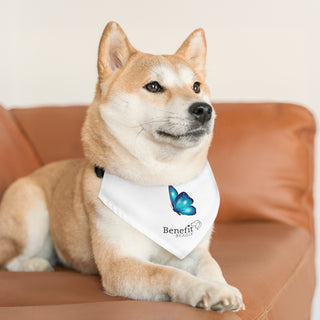 Dog wearing the Lincoln Butterfly Dog Collar Bandana in White. The Lincoln Butterfly design features the Benefit Beagle logo with a blue butterfly above it. Comes with adjustable black collar.