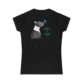 Lincoln Butterfly Women's Softstyle Tee in Black. Shown is back of shirt design showcasing profile of a dog with a blue butterfly on its nose and the phrase "Kindness is Strength" next to it. The front of shirt has Benefit Beagle Logo kissed by a Butterfly.