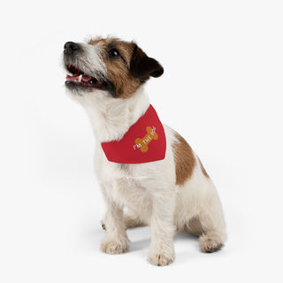 Dog wearing Easily Distracted Dog Collar Bandana in Red. The design features a large dog bone with the words, "I'M THE DOG" written across it. Comes with adjustable black collar.