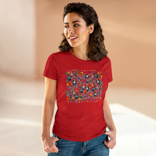 Dia De Los Muertos Women's Midweight Cotton Tee Shirt in Red. Shown is the front of shirt featuring print of dogs and cats with Dia de los Muertos traditional decorations. On the back is a similar Benefit Beagle Logo.