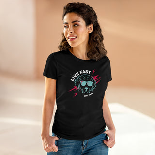 Play Hard Women's Midweight Cotton Tee shirt in Black. The design features a cool dog with sunglasses and lightening bolts behind it. The phrase "Live Fast, Play Hard" is around the design.