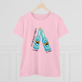 Beagle-Thirty Bottles Women's Midweight Cotton Tee in Light Pink. The front of shirt showcases Two Paw Labeled Bottles clinking with the saying, "It's Beagle-Thirty". Back of shirt features corresponding Benefit Beagle Logo.