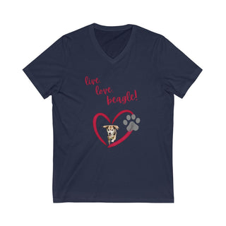 Live, Love, Beagle Unisex V-Neck Tee in Navy. The Live, Love, Beagle design features a dog running through a heart with the phrase "Live, Love, Beagle!" above it.