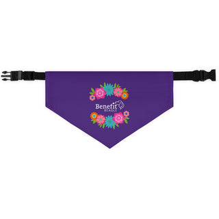 Dia De Los Muertos Dog Collar Bandana in Purple. The Dia De Los Muertos design features the Benefit Beagle logo with flowers surrounding it. Comes with adjustable black collar.