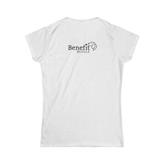 Signature Tattoo Flowers Women's Softstyle Tee in White. Shown is back of shirt with the Benefit Beagle Logo. Front of shirt has the Signature Tattoo Flowers design featuring a dog with flowers around it and the phrase "Beagletude" and "Nothing is Impawssible".