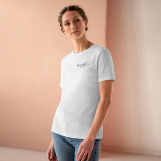 Live in the Moment Women's Premium Tee in White. The Live in the Moment design features the Benefit Beagle logo in the top corner of the garment.