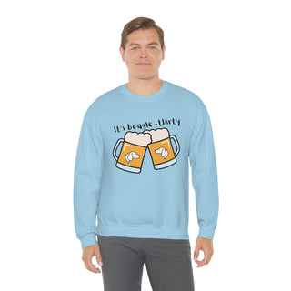 Beagle-Thirty Mugs Unisex Heavy Blend Crewneck Sweatshirt in Light Blue. The front of shirt showcases Two Dog Adorned Mugs clinking with the saying, "It's Beagle-Thirty" above it. Back of shirt features corresponding Benefit Beagle Logo.