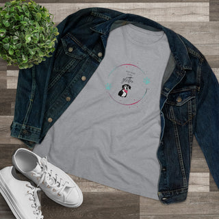 Dog Hair is my Glitter Women's Premium Tee in Athletic Heather. The Dog Hair is my Glitter design features a dog with the phrase "Dog Hair is my Glitter" above it and it is surrounded by a circle with paw prints.