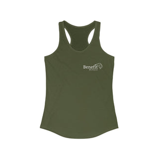 Live in the Moment Women's Ideal Racerback Tank in Military Green. The Live in the Moment design features the Benefit Beagle logo in the top corner of the garment.