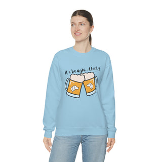 Beagle-Thirty Mugs Unisex Heavy Blend Crewneck Sweatshirt in Light Blue. The front of shirt showcases Two Dog Adorned Mugs clinking with the saying, "It's Beagle-Thirty" above it. Back of shirt features corresponding Benefit Beagle Logo.