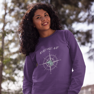 Adventures Await Unisex Crewneck Sweatshirt in Purple. The front of shirt features the Adventures Await design with a dog inside a nautical compass and the words "Adventures Await" above it. The back of the shirt has similar Benefit Beagle Logo.