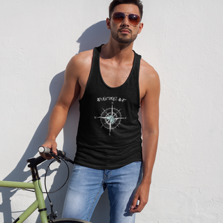 Adventures Await Unisex Jersey Tank in Black. The front of shirt features the Adventures Await design with a dog inside a nautical compass and the words "Adventures Await" above it. The back of the shirt has similar Benefit Beagle Logo.