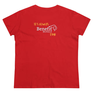 Beagle-Thirty Mugs Women's Midweight Cotton Tee in Red. Shown is back of shirt featuring "Beagle-Thirty" Benefit Beagle Logo. The front Showcases Two Dog Adorned Mugs clinking with, "It's Beagle-Thirty" written above it.