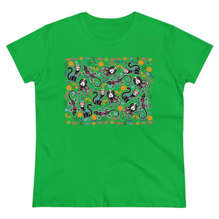 Dia De Los Muertos Women's Midweight Cotton Tee Shirt in Irish Green. Shown is the front of shirt featuring print of dogs and cats with Dia de los Muertos traditional decorations. On the back is a similar Benefit Beagle Logo.