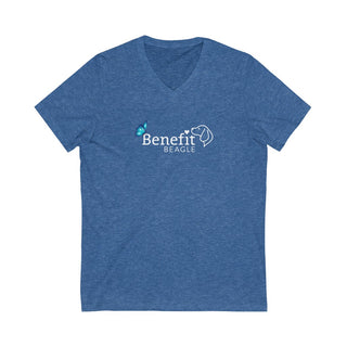 Lincoln Butterfly Unisex V-Neck Tee in Heather True Royal. Shown is the front of shirt with Benefit Beagle Logo kissed by butterfly. The back of shirt showcases profile of a dog with a blue butterfly on its nose and the phrase "Kindness is Strength" next to it.