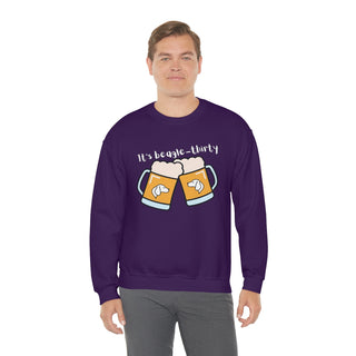 Beagle-Thirty Mugs Unisex Heavy Blend Crewneck Sweatshirt in Purple. The front of shirt showcases Two Dog Adorned Mugs clinking with the saying, "It's Beagle-Thirty" above it. Back of shirt features corresponding Benefit Beagle Logo.