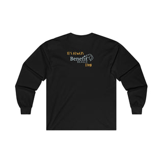 Beagle-Thirty Mugs Unisex Ultra Cotton Long Sleeve Tee in Black. Shown is back of shirt featuring "Beagle-Thirty" Benefit Beagle Logo. The front Showcases Two Dog Adorned Mugs clinking with, "It's Beagle- Thirty" written above it.