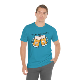 Beagle-Thirty Mugs Unisex Jersey Short Sleeve Tee in Aqua. The front of shirt showcases Two Dog Adorned Mugs clinking with the saying, "It's Beagle-Thirty" above it. Back of shirt features corresponding Benefit Beagle Logo.