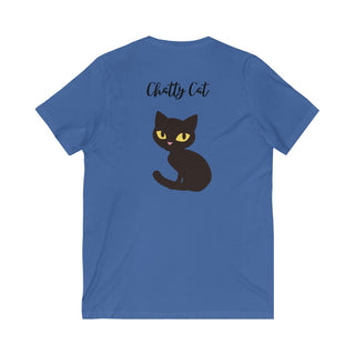 Meow Unisex V-Neck Tee in Royal. Shown is back showcasing a wide eyed black cartoon cat with the phrase "Chatty Cat" above it. On front of shirt is the Benefit Beagle Logo featuring a peeping cat.