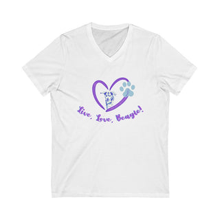 Live, Love, Beagle Unisex V-Neck Tee in White. The Live, Love, Beagle design features a dog running through a heart with the phrase "Live, Love, Beagle!" under it.