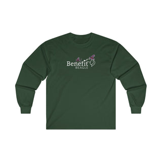 Witchy Cat Unisex Ultra Cotton Long Sleeve Tee. Front side shown in Forest Green with a Seasonal Benefit Beagle Logo Design. Back side showcases Wide Eyed Cartoon Cat wearing Purple Hat Standing over Broom. "Crossing Paths Since 1692". Purrfect for Halloween, or anytime!