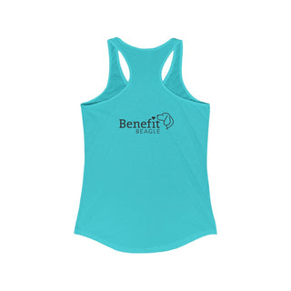 Signature Tattoo Flowers Women's Ideal Racerback Tank in Tahiti Blue. Shown is back of shirt with the Benefit Beagle Logo. Front of shirt has the Signature Tattoo Flowers design featuring a dog with flowers around it and the phrase "Beagletude" and "Nothing is Impawssible"