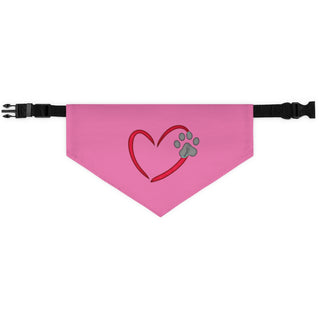 Live, Love, Beagle Dog Collar Bandana in Pink. The Live, Love, Beagle design features a heart with a paw print. Comes with black adjustable collar.