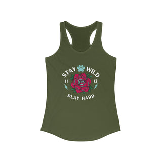 Stay Wild Women's Ideal Racerback Tank in Military Green. The Stay Wild Design features a tattoo style rose with the phrase "Stay Wild, Play Hard" around it.  The back of shirt features the Stay Wild Benefit Beagle Logo Design.