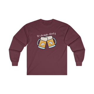 Beagle-Thirty Mugs Unisex Ultra Cotton Long Sleeve Tee in Maroon. The front of shirt showcases Two Dog Adorned Mugs clinking with the saying, "It's Beagle-Thirty" above it. Back of shirt features corresponding Benefit Beagle Logo.