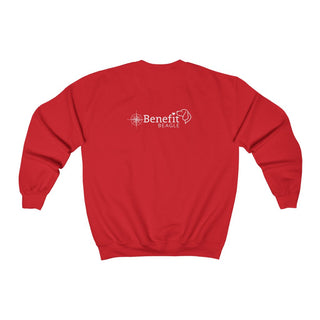 Adventures Await Unisex Crewneck Sweatshirt in Red. Shown is the back of shirt with a Nautical Compass Benefit Beagle Logo. The front of shirt features the Adventures Await design with a dog inside a nautical compass and the words "Adventures Await" above it.