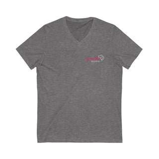 Different Pawspective Unisex V-Neck Tee in Deep Heather. Shown is front of shirt with Benefit Beagle logo in the top corner . On the back is large colorful pawprint with the the phrase "Life is all about finding the beauty in a different pawspective" circled around it.