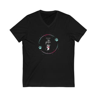 Dog Hair is my Glitter Unisex Jersey V-Neck Tee in Black. The Dog Hair is my Glitter design features a dog with the phrase "Dog Hair is my Glitter" above it and it is surrounded by a circle with paw prints.