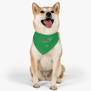 Dog wearing Bee Pawsitive Dog Collar Bandana in Green. The Bee Pawsitive design features the Benefit Beagle logo with a bumble bee flying under it. Comes with adjustable black collar.