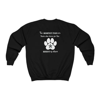 Brightest Star unisex Crewneck Sweatshirt in black. The Brightest Star design features a design on the back with the phrase "The brightest stars are those who shine for the benefit of others" with a pawprint and a nautical star.